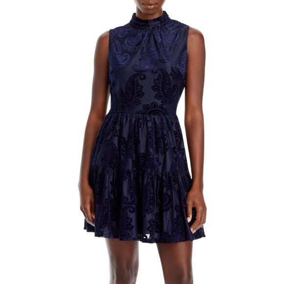 Aqua Dresses & Skirts - NWT Aqua Navy Blue Velvet Burnout Mini Dress High Neck A-Line Formal Dress Large